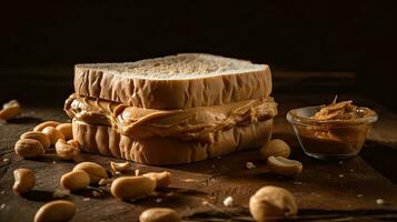 sucré cacahuète beurre des sandwichs avec saupoudré cacahuète graines sur en bois table avec brouiller arrière-plan, ai génératif photo