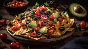 proche en haut Nachos plein de morceaux de des légumes avec flou arrière-plan, ai génératif photo