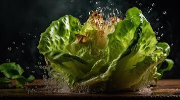 fermer vert salade frappé par éclaboussures de l'eau avec noir brouiller arrière-plan, ai génératif photo