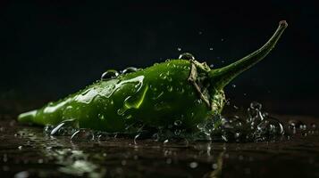 vert le Chili frappé par éclaboussures de l'eau avec noir brouiller arrière-plan, ai génératif photo