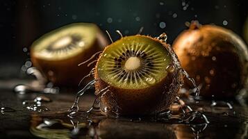 kiwi frappé par éclaboussures de l'eau avec noir brouiller arrière-plan, ai génératif photo