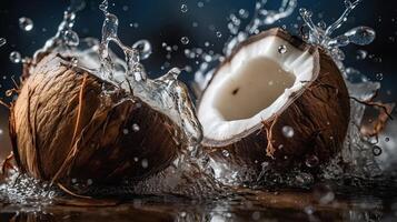 fermer noix de coco des fruits frappé par éclaboussures de l'eau avec noir brouiller arrière-plan, ai génératif photo