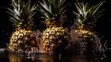 Frais ananas frappé par éclaboussures de l'eau avec noir brouiller arrière-plan, ai génératif photo