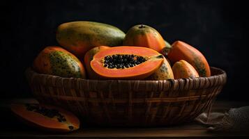 Papaye des fruits dans une bambou panier avec brouiller arrière-plan, ai génératif photo