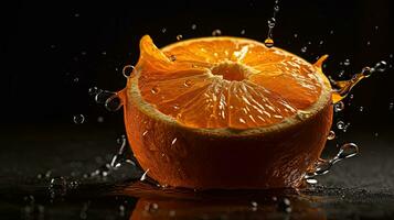 fermer de tranché Orange fruit frappé par éclaboussures de l'eau avec noir brouiller arrière-plan, ai génératif photo