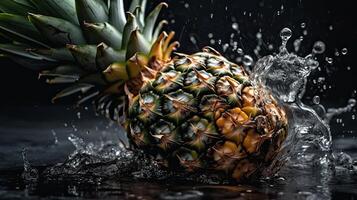 fermer côté vue Frais ananas frappé par éclaboussures de l'eau avec noir brouiller arrière-plan, ai génératif photo