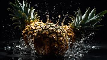 fermer côté vue Frais ananas frappé par éclaboussures de l'eau avec noir brouiller arrière-plan, ai génératif photo