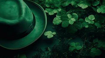 st patrick's avec vert chapeau et vert feuilles sur vert pastel arrière-plan, ai génératif photo