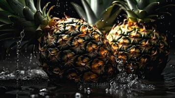 fermer Frais ananas frappé par éclaboussures de l'eau avec noir brouiller arrière-plan, ai génératif photo