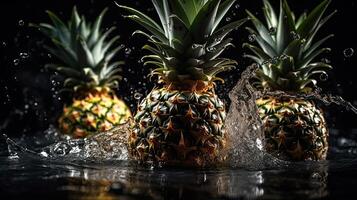 Frais ananas frappé par éclaboussures de l'eau avec noir brouiller arrière-plan, ai génératif photo