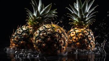 Frais ananas frappé par éclaboussures de l'eau avec noir brouiller arrière-plan, ai génératif photo