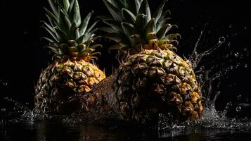 ananas frappé par éclaboussures de l'eau avec noir brouiller arrière-plan, ai génératif photo