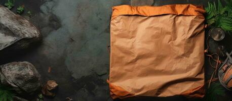 photo de un Orange sac sur une rocheux Contexte avec beaucoup de espace pour copie avec copie espace