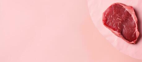 photo de une brut pièce de Viande sur une vibrant rose Contexte avec beaucoup de copie espace avec copie espace