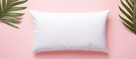 photo de une blanc oreiller suivant à une vibrant rose plante sur une minimaliste Contexte avec copie espace