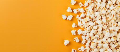 photo de une coloré pile de pop corn sur une vibrant Jaune table avec beaucoup de espace pour votre posséder message ou conception avec copie espace