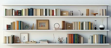 photo de une étagère à livres rempli avec livres sur blanc étagères avec copie espace