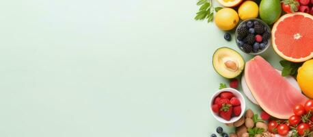 photo de une coloré assortiment de Frais des fruits et des légumes arrangé dans une rectangulaire forme avec copie espace