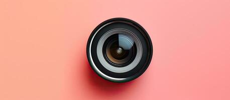photo de une caméra lentille sur une vibrant rose Contexte avec copie espace