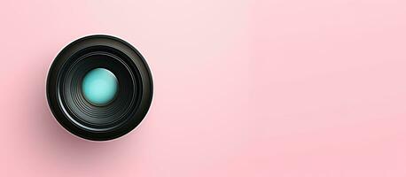 photo de une caméra lentille contre une vibrant rose Contexte avec ample copie espace avec copie espace