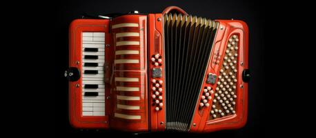 photo de une rouge accordéon avec blanc clés sur une noir Contexte avec copie espace