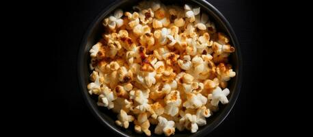 photo de une bol de pop corn sur une table avec beaucoup de espace pour texte ou conception éléments avec copie espace