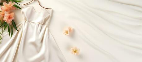 photo de une blanc robe et fleurs sur une lit, avec vide espace pour texte ou conception avec copie espace