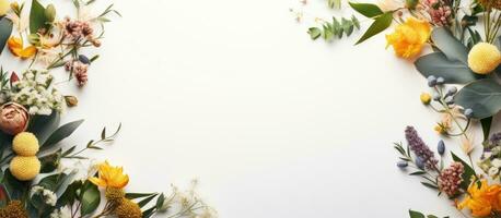photo de une bouquet de coloré fleurs sur une nettoyer blanc Contexte avec copie espace