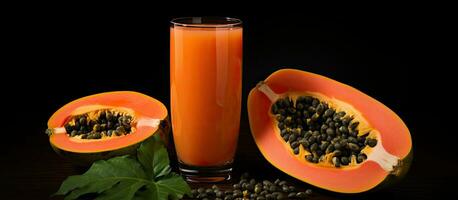 photo de une rafraîchissant verre de Orange jus suivant à une vibrant, Couper dans moitié Papaye avec copie espace