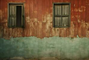 vieux en bois les fenêtres sur une rouge brique mur, rétro et rustique style, génératif ai photo