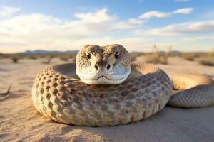 ai génératif fermer de désert Roche python serpent rampant sur sablonneux aride sol photo