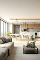 ai génératif intérieur conception décor de un ouvert plan appartement vivant pièce cuisine avec meubles et à manger table photo