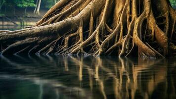 ai génératif Divisé image au dessus et au dessous de le l'eau de une mangrove arbre avec les racines dans lagune photo