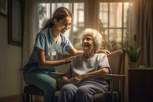 ai génératif soins Jeune infirmière soutien aider positif vieux Dame patient à Accueil ou hôpital souriant femelle soignant ou médecin donner Aidez-moi à optimiste mature Sénior grand-mère personnes âgées soins de santé co photo