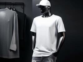 blanc T-shirt maquette sur une mannequin sur hanche saut Contexte ai génératif photo