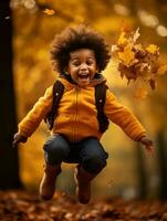 émotif dynamique gestes africain enfant dans l'automne ai génératif photo