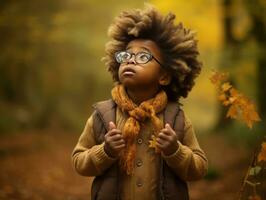 émotif dynamique gestes africain enfant dans l'automne ai génératif photo