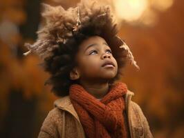 émotif dynamique gestes africain enfant dans l'automne ai génératif photo