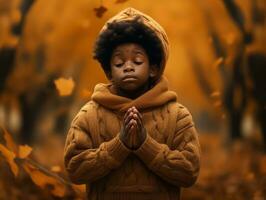 émotif dynamique gestes africain enfant dans l'automne ai génératif photo