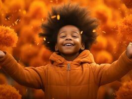 émotif dynamique gestes africain enfant dans l'automne ai génératif photo