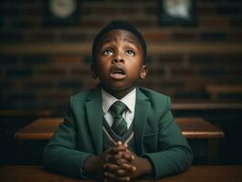 africain enfant dans émotif dynamique pose dans école ai génératif photo