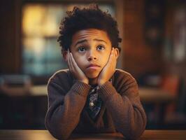 africain enfant dans émotif dynamique pose dans école ai génératif photo