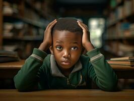 africain enfant dans émotif dynamique pose dans école ai génératif photo