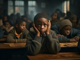 africain enfant dans émotif dynamique pose dans école ai génératif photo