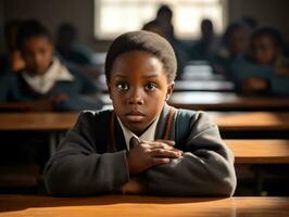 africain enfant dans émotif dynamique pose dans école ai génératif photo