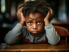 africain enfant dans émotif dynamique pose dans école ai génératif photo