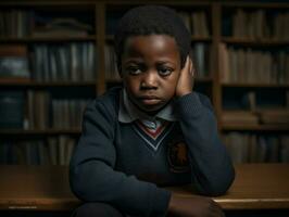 africain enfant dans émotif dynamique pose dans école ai génératif photo