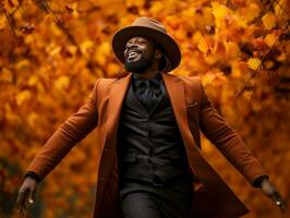 africain homme dans émotif dynamique pose sur l'automne Contexte ai génératif photo