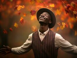 africain homme dans émotif dynamique pose sur l'automne Contexte ai génératif photo