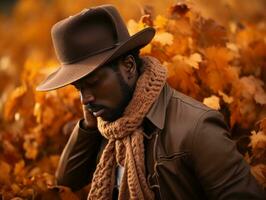 africain homme dans émotif dynamique pose sur l'automne Contexte ai génératif photo